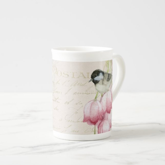 Caneca De Porcelana Pássaro de Aquarela Vintage chinês ósseo com flore (Frente Esquerda)
