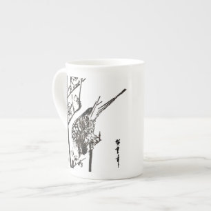 Caneca De Porcelana Pássaro Japonês em uma ramificação - Preto e Branc