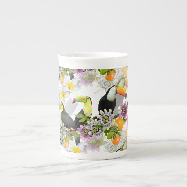 Caneca De Porcelana Pássaros tucanos, Flores de Paixão, Plumeria Tropi (Frente)