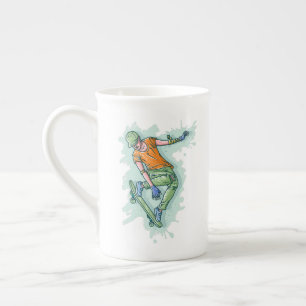 Caneca De Porcelana Patinador Voador Colorido, Ilustração Divertida