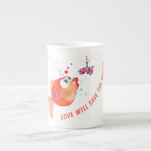 Caneca De Porcelana Peixe Engraçado e Verme Adoram Romântico - Texto