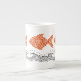 Caneca De Porcelana Peixes e Ondas