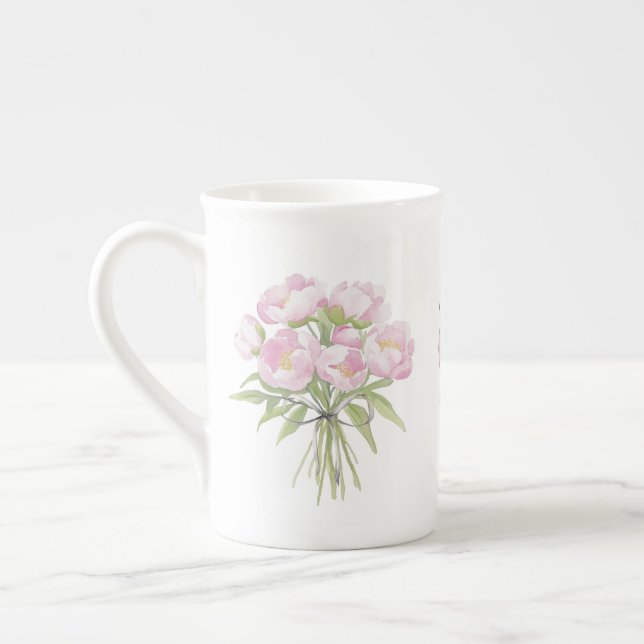 Caneca De Porcelana Peônias Rosa com Laço Fino (Esquerda)