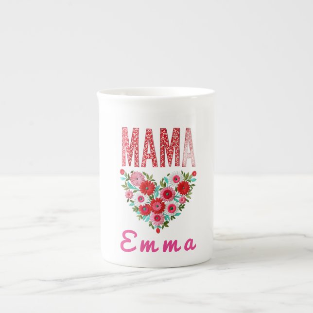 Caneca De Porcelana Personalized Mama Heart Floral Custom Gift (Frente)
