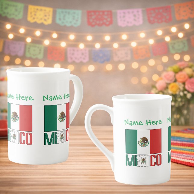 Caneca De Porcelana Personalized Mexico Flag Name Design (Personalized bone china mug. Design on 3 sides. Mexican Flag, MEXICO in flag colors. Name above.)