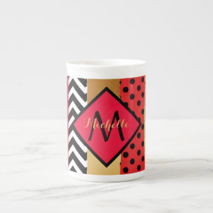 Caneca De Porcelana Pincelada de Glitter Vermelho Preto Dourado Monogr