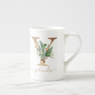 Caneca De Porcelana Pine Red Berries Dourado Monograma Y