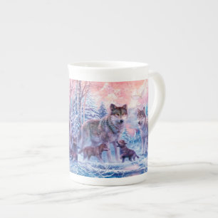 Caneca De Porcelana Pintura Da Família De Lobos