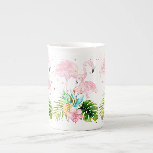 Caneca De Porcelana PixDezines floral/aquarela/flamingos rosa (Frente)