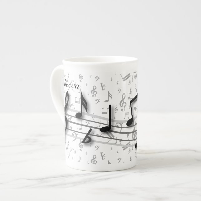 Caneca De Porcelana Preto personalizado e notas musicais cinzentas (Frente Esquerda)