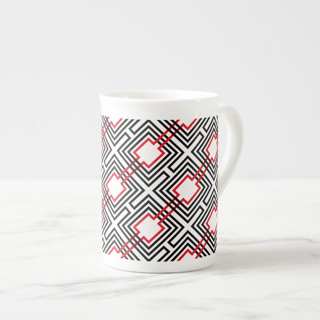 Caneca De Porcelana Preto Vermelho e Branco Geométrico (Frente Esquerda)