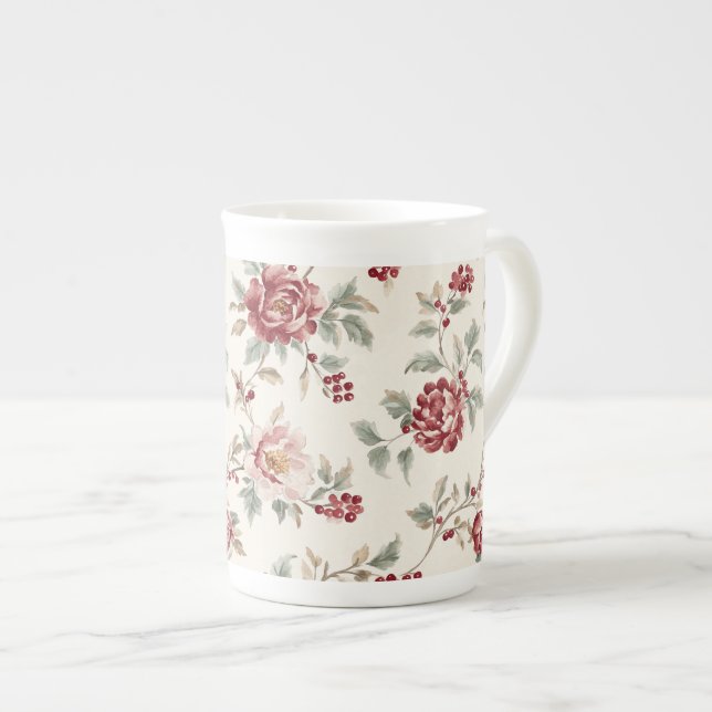Caneca De Porcelana Pretty Chic Red Cream Floral   (Frente Esquerda)