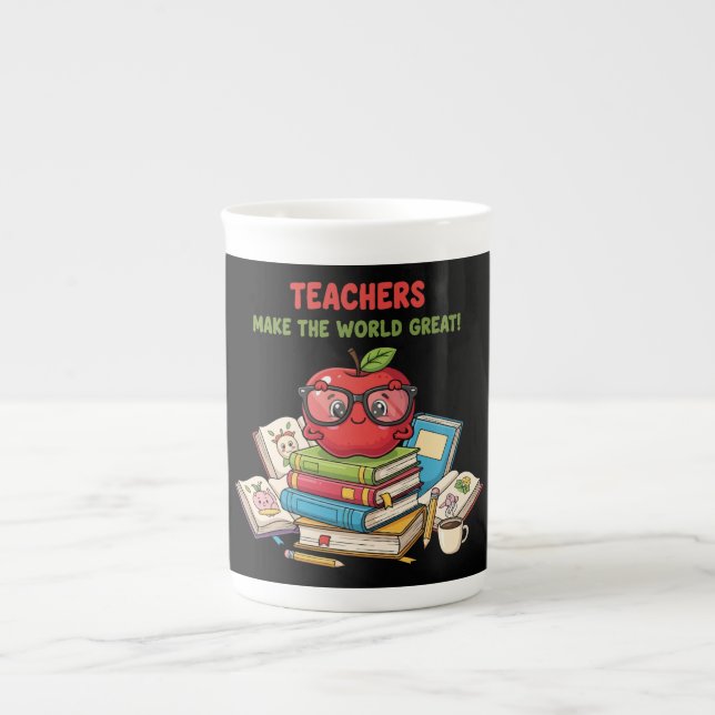 Caneca De Porcelana "Professores Tornam o Mundo Ótimo" Maçã Fofa (Frente)
