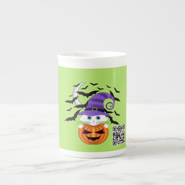 Caneca De Porcelana Pumpkin assustador com Gatinho branco e chapéu de  (Frente)