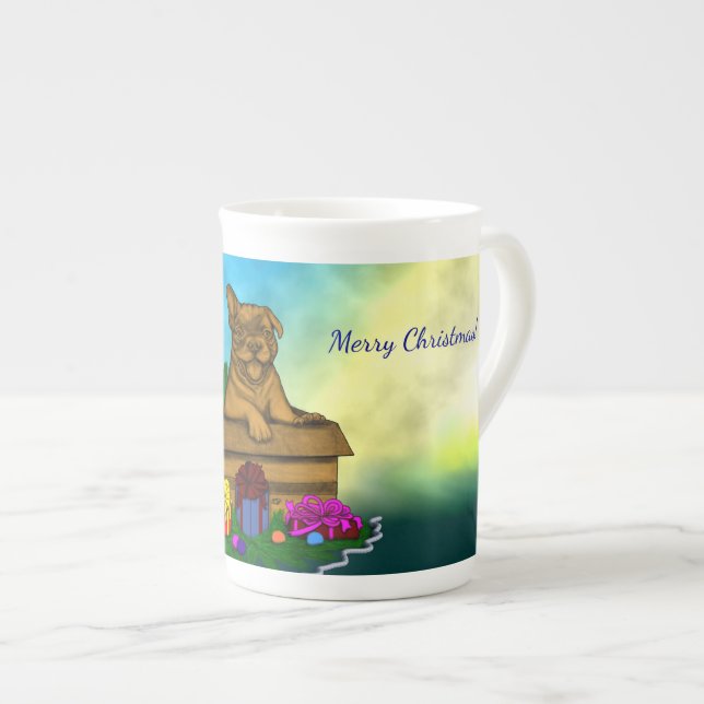 Caneca De Porcelana Puppy em uma caixa, Merry Xmas (Frente Esquerda)