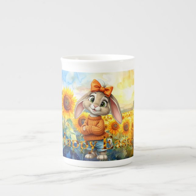 Caneca De Porcelana Rabbit orange jumper sunflowers Happy Easter (Frente)