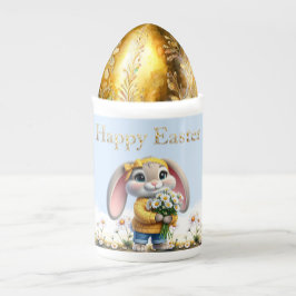 Caneca De Porcelana Rabbit pink ears white daisies Happy Easter