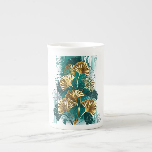 Caneca De Porcelana Ramificação com Ouro deixa Ginko Biloba (Frente)