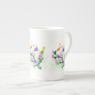Caneca De Porcelana ramo florido de primavera e pássaros coloridos