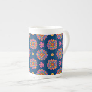 Caneca De Porcelana Rangoli Flores Bolinhas sobre Blue Bone China Tumg