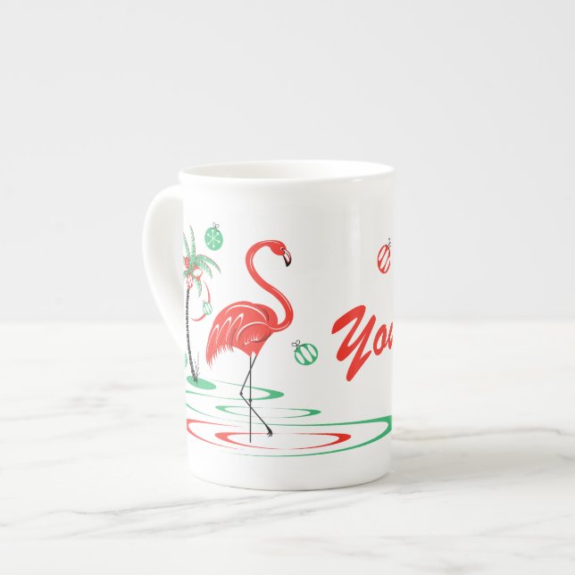 Caneca De Porcelana Red Christmas Flamingo Name bone china (Frente Esquerda)