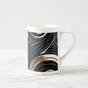 Caneca De Porcelana Redemoinhos Abstratos Pretos e Dourados