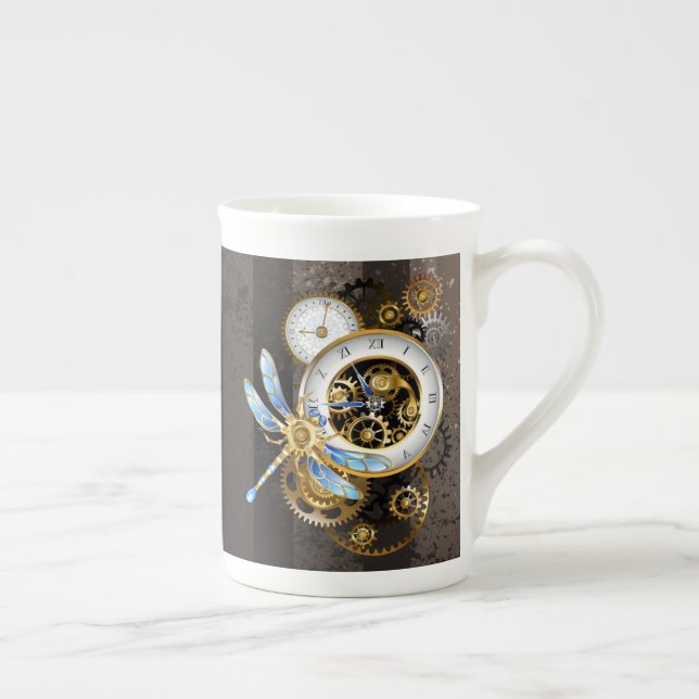 Caneca De Porcelana Relógio Steampunk com Dragonfly Mecânica (Direita)