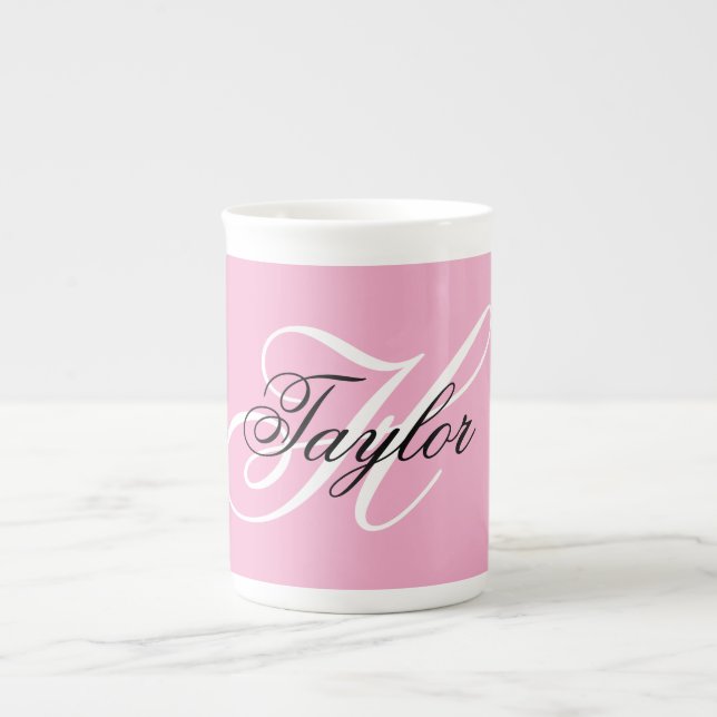 Caneca De Porcelana Rico preto e branco, monograma cor-de-rosa (Frente)