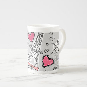 Caneca De Porcelana Rosa floral e cinza do preto da torre Eiffel de