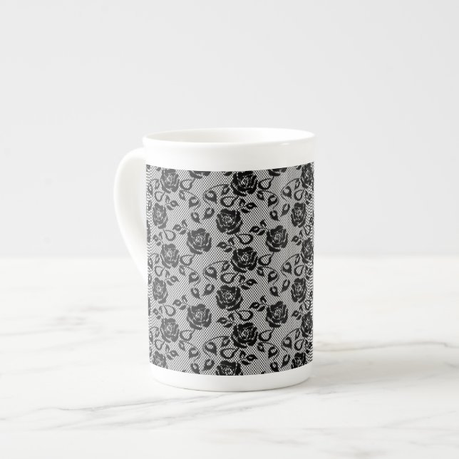 Caneca De Porcelana Rosa Preto Faux Design Fishnet Mug Moderno (Frente Esquerda)