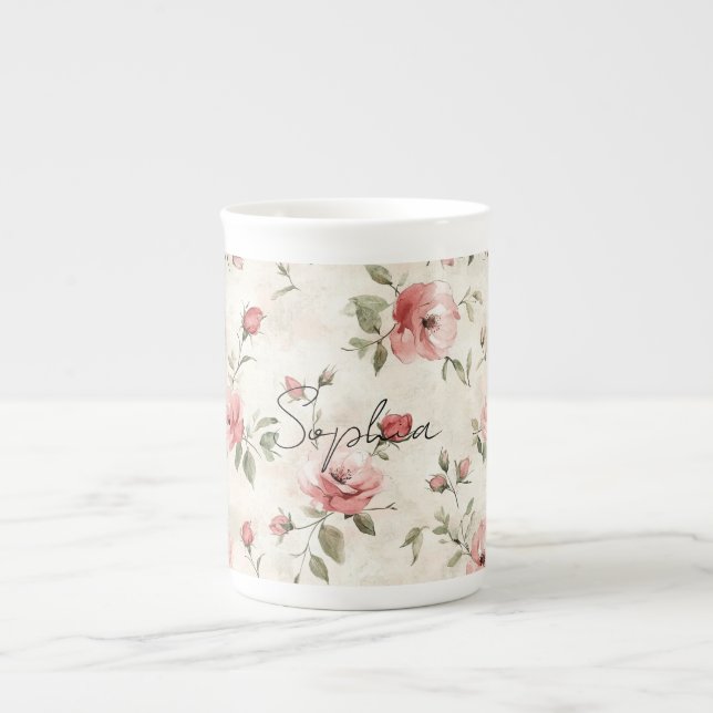 Caneca De Porcelana Rosas Florais Rosa Bege Marfim   (Frente)