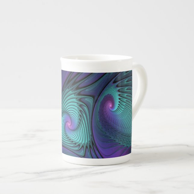 Caneca De Porcelana Roxo encontra Arte Fractal abstrato Turquesa moder (Frente Esquerda)