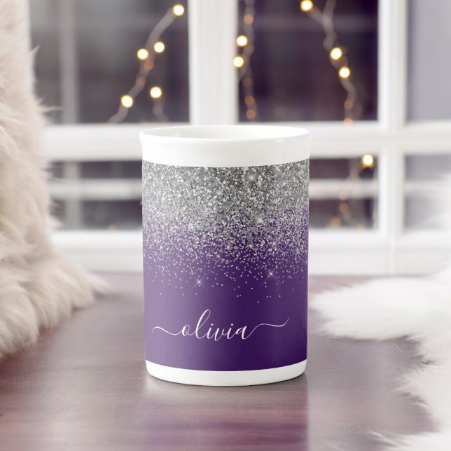 Caneca De Porcelana Roxo Silver Glitter Girly Monographic Nome (Criador carregado)