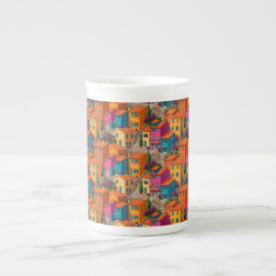 Caneca De Porcelana Ruas Mediterrâneas — Casas Coloridas