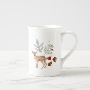 Caneca De Porcelana Rustic Watercolor Deer e Botanicals Natal