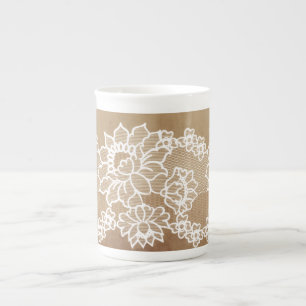 Caneca De Porcelana Rustico país vintage bege juta e renda branca
