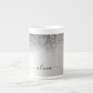 Caneca De Porcelana Script Girly Sparkle Glitter Monograma de Silver