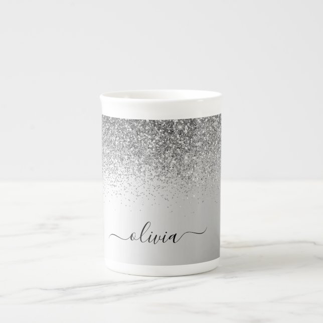 Caneca De Porcelana Script Girly Sparkle Glitter Monograma de Silver (Frente)