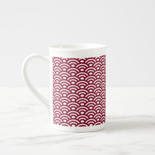 Caneca De Porcelana Seigaiha, Ondas, Japonês, Burgundy e Branco