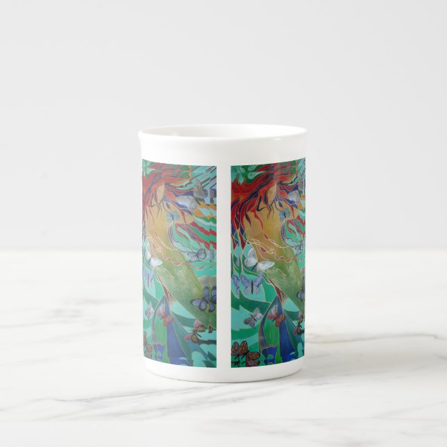Caneca De Porcelana Sereia Nadando com Borboletas Fantasia Arte (Frente)