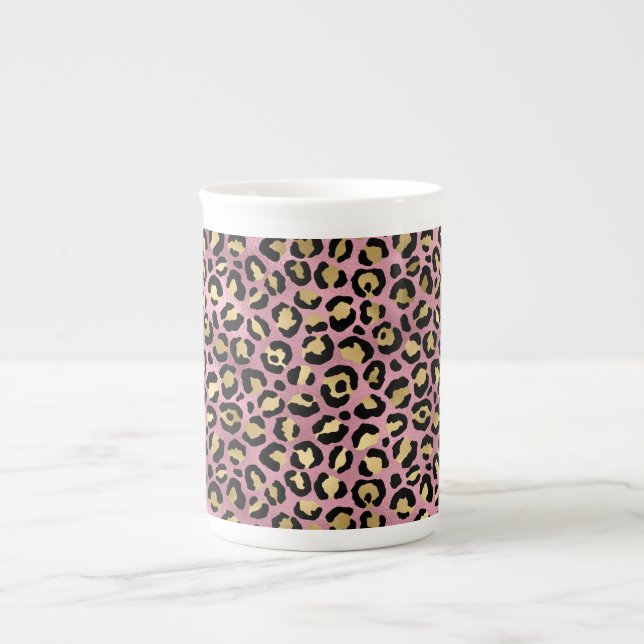 Caneca De Porcelana Série de Design Leopardo Rosa e Dourado 15 (Frente)