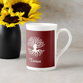 Caneca De Porcelana Silhueta Branca da Árvore da Vida no Monograma da