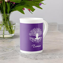 Caneca De Porcelana Silhueta branca de árvore da vida em monograma rox