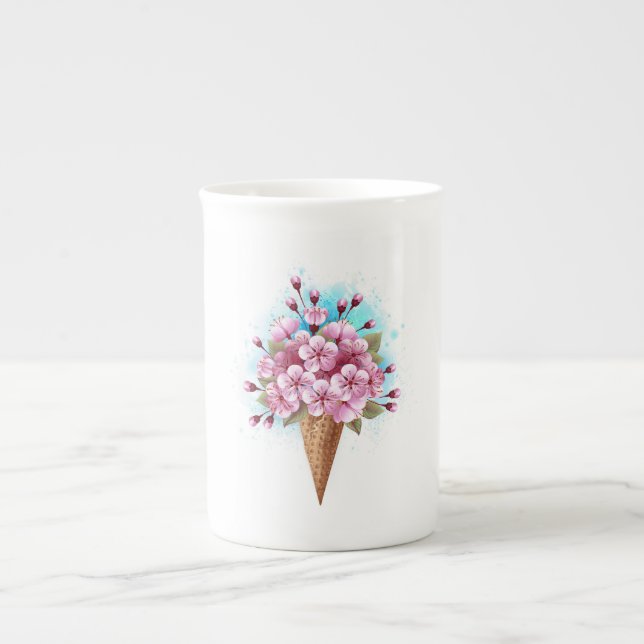 Caneca De Porcelana Sorvete Waffle Rosa Sakura Cone (Frente)