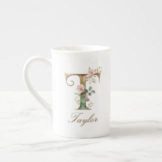 Caneca De Porcelana T Inicial de Monograma Floral Dourado Personalizad