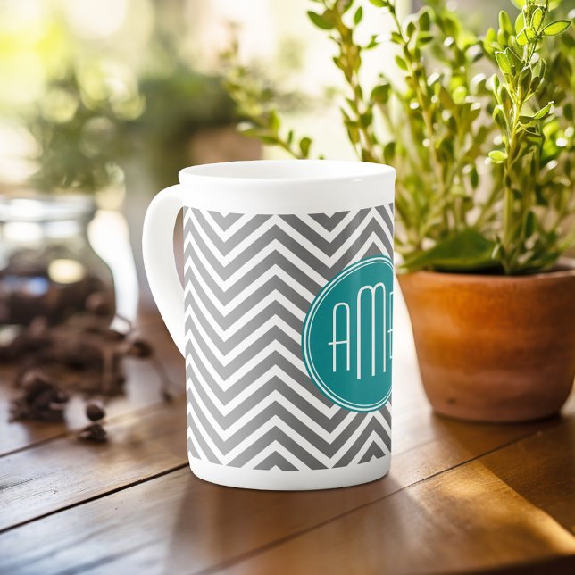 Caneca De Porcelana Teal Charmala Chevrons Monograma Personalizado (Personalized mug with photos and text, customize completely in the advanced design area)
