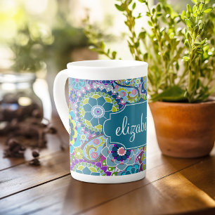 Caneca De Porcelana Teste padrão floral Funky com nome feito sob