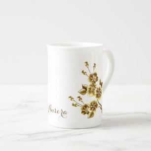 Caneca De Porcelana Tipografia Floral Brilhante Dourada de Luxo