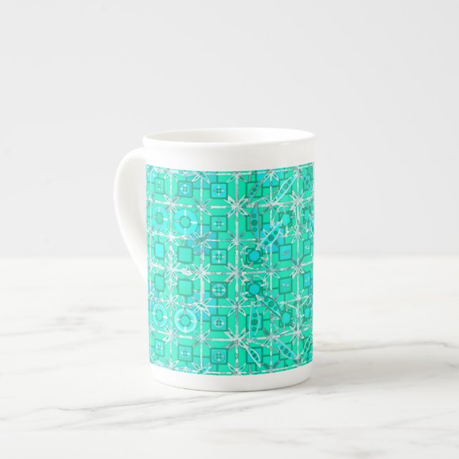 Caneca De Porcelana Tribal Batik - aqua e turquesa com branco (Frente Esquerda)