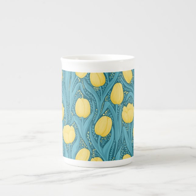 Caneca De Porcelana Tulipas em azul e amarelo (Frente)